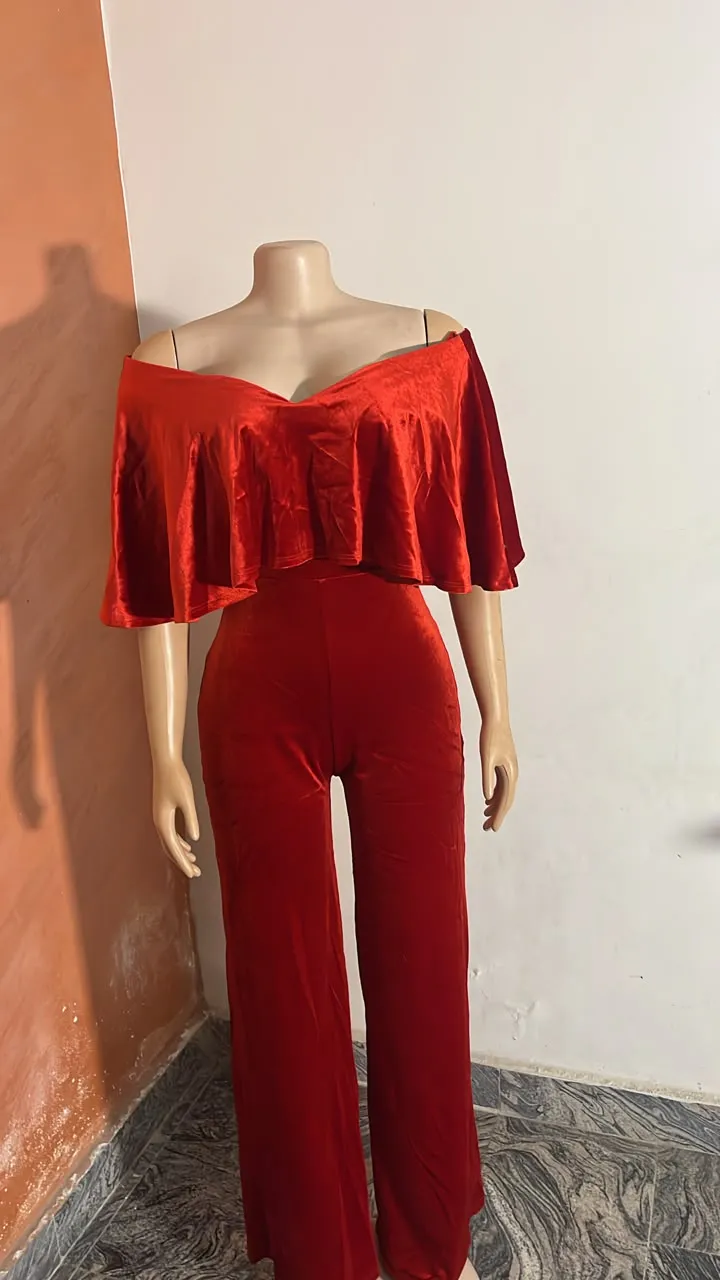 JLUXLABEL Red Velvet Off-The-Shoulder Ruffle Wide-Leg Jumpsuit